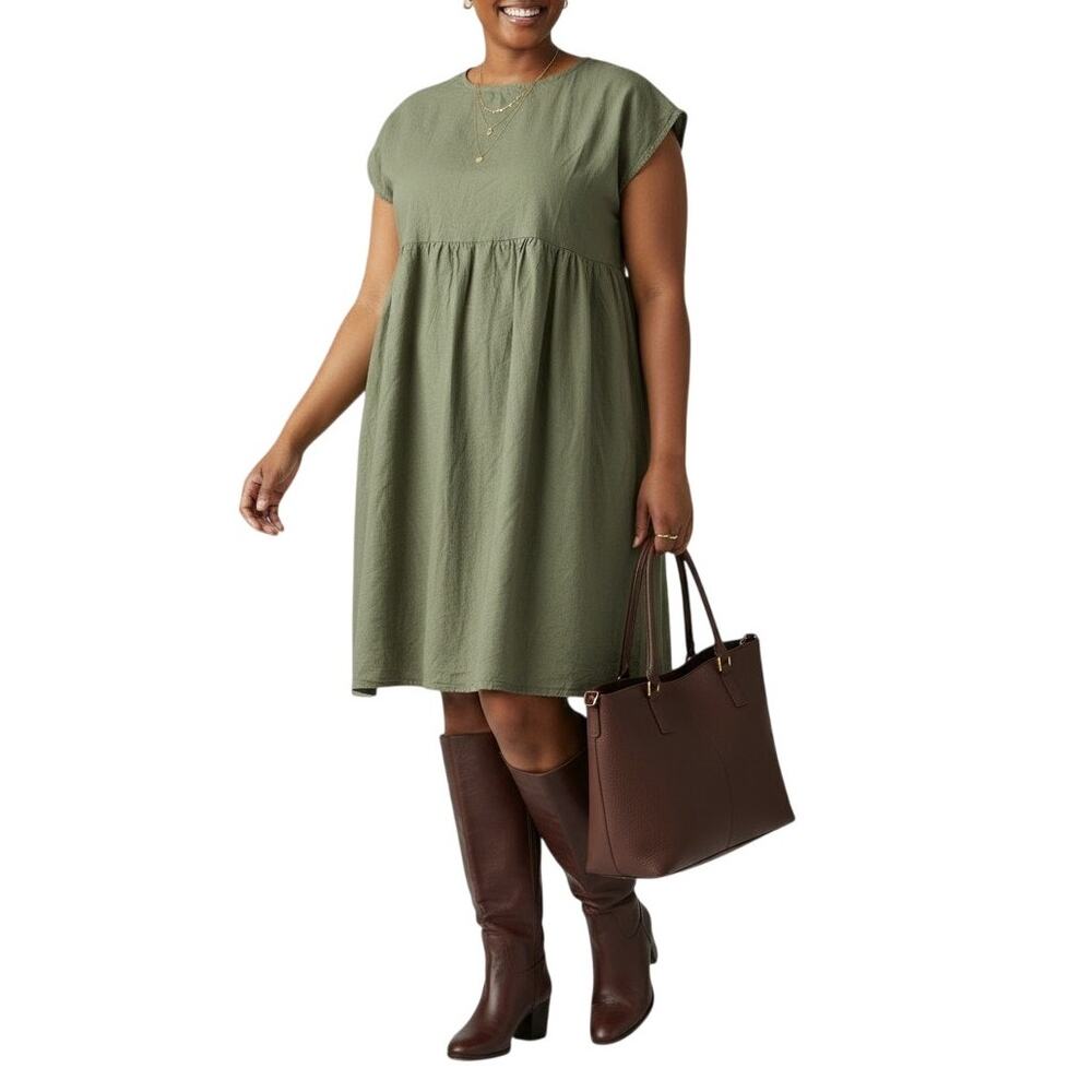 Boho Olive Green Cotton Linen Knee Length Dress Pockets Womens XXL